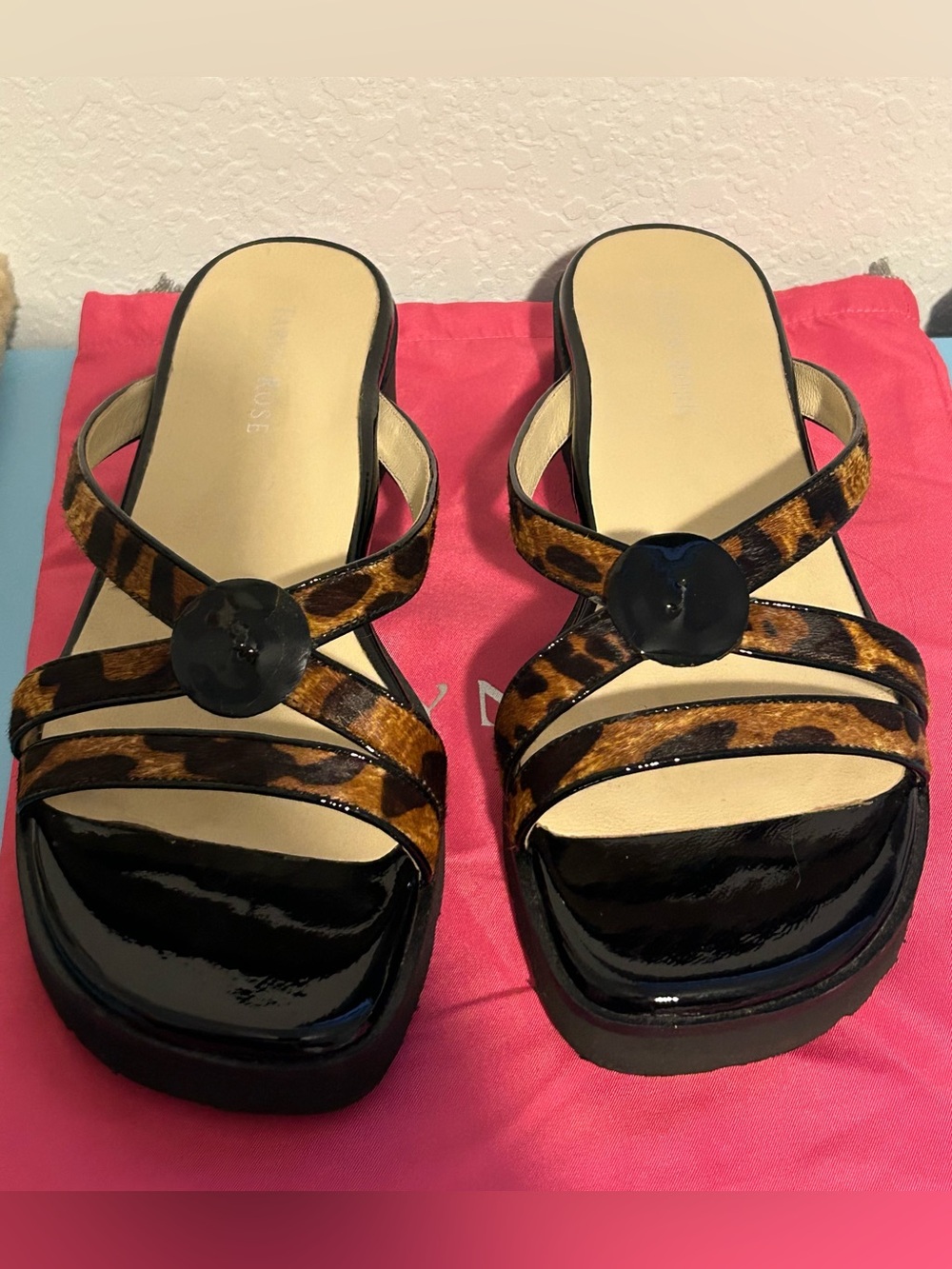Taryn Rose Leopard Print Strappy Mules with Black Patent Trim